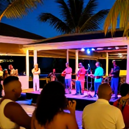 Caribbean Holidays, Caribbean Live Music, A stylish Caribbean night-time music venue with a live band on stage, warm lighting, palm trees and holidaymakers enjoying the performance