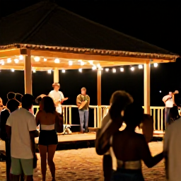 Caribbean Holidays, Caribbean Live Music, Holiday visitors dancing with local people at a relaxed Caribbean beach bar after dark, live musicians performing under string lights