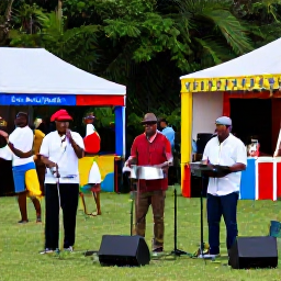 Caribbean Holidays, Caribbean Live Music, Local Caribbean musicians playing steel pan and percussion at an open-air island festival, with colourful stalls and visitors dancing nearby