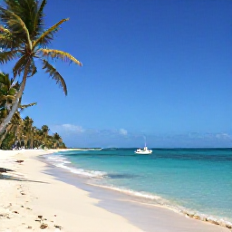 Caribbean Holidays, Caribbean March Holidays, A bright Caribbean beach in March with turquoise water, palm trees and a small sailing boat near the shore