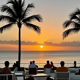 Caribbean Holidays, Caribbean March Holidays, A relaxed Caribbean sunset over calm sea with palm silhouettes, a stylish hotel terrace and travellers enjoying the evening