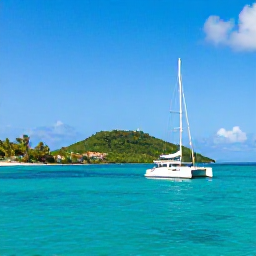 Caribbean Holidays, Caribbean March Holidays, A scenic Caribbean island-hopping journey with a small catamaran sailing between green islands under a clear blue sky