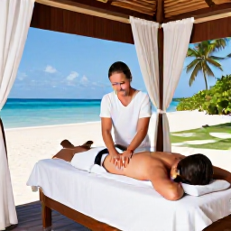Caribbean Holidays, Caribbean Massage, Couple enjoying a relaxing massage in a private Caribbean spa cabana overlooking a tropical beach
