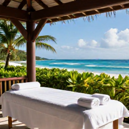 Caribbean Holidays, Caribbean Massage, Open-air Caribbean spa pavilion beside the sea, massage table, soft towels and tropical greenery in natural daylight