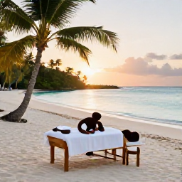 Caribbean Holidays, Caribbean Massage, Relaxing Caribbean beach at sunrise with a peaceful spa treatment setting, palm trees and calm turquoise water