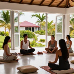Caribbean Holidays, Caribbean Meditation, A bright Caribbean wellness studio with open windows, tropical plants, cushions and a friendly meditation instructor guiding holidaymakers