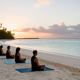Caribbean Holidays, Caribbean Meditation, A peaceful sunrise meditation session on a quiet Caribbean beach, with yoga mats on pale sand, calm turquoise water and soft morning light