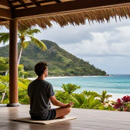 Caribbean Holidays, Caribbean Meditation, A relaxed traveller sitting quietly on a shaded Caribbean terrace after meditation, looking towards tropical hills and the sea