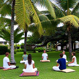 Caribbean Holidays, Caribbean Meditation, A small group practising guided meditation beneath palm trees in a tropical Caribbean garden, with comfortable cushions and natural greenery