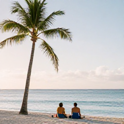 Caribbean Holidays, Caribbean Multi-Centre, A couple relaxing on a Caribbean beach in June, with palm trees, calm blue sea and soft sunshine