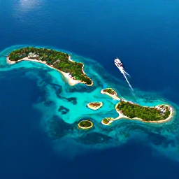 Caribbean Holidays, Caribbean Multi-Centre, Aerial photograph of a Caribbean map-inspired island chain with turquoise sea, green islands and a small passenger boat travelling between them