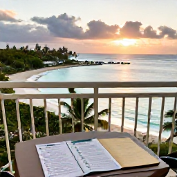 Caribbean Holidays, Caribbean Multi-Centre, An open Caribbean resort balcony overlooking a tropical bay at sunset, with a travel itinerary on a table