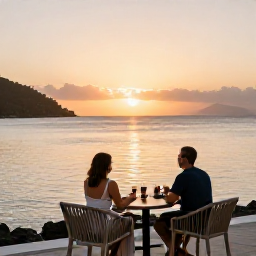 Caribbean Holidays, Caribbean Multi-Centre, Couple enjoying a calm Caribbean sunset from a waterfront terrace in Saint Vincent and the Grenadines