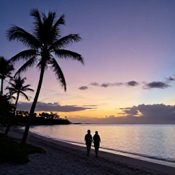 Caribbean Holidays, Caribbean Multi-Centre, Couple walking along a quiet Caribbean beach at sunset, with palm trees, calm water and a colourful evening sky