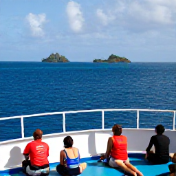Caribbean Holidays, Caribbean Multi-Centre, Passengers relaxing on a comfortable inter-island ferry with bright blue Caribbean water, sunny skies and tropical islands in the distance