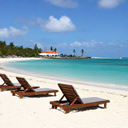 Caribbean Holidays, Caribbean Multi-Centre, Relaxed Caribbean beach scene with comfortable sun loungers, clear turquoise water, palm trees and a small island resort in the background