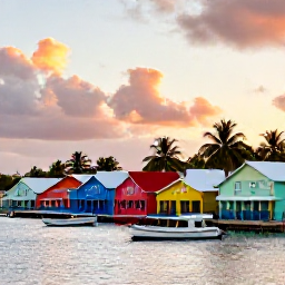 Caribbean Holidays, Caribbean Multi-Centre, Relaxed Caribbean harbour with colourful buildings, palm trees and small boats at sunset