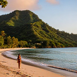 Caribbean Holidays, Caribbean Multi-Centre, Travellers enjoying a peaceful tropical beach with rainforest hills, warm evening light and calm Caribbean water