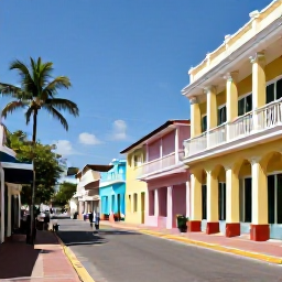 Caribbean Holidays, Caribbean Multi-Centre, Visitors walking through colourful Basseterre streets with historic buildings, palm trees and a sunny Caribbean sky