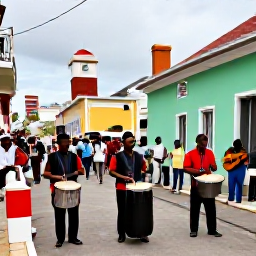 Caribbean Holidays, Caribbean Music Heritage, A lively Caribbean street festival with local musicians playing drums, steel pans and guitars among colourful historic buildings