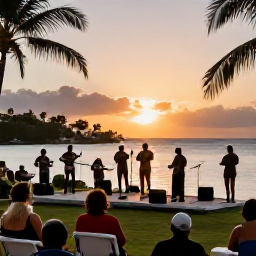 Caribbean Holidays, Caribbean Music Heritage, A relaxed Caribbean waterfront at sunset with musicians performing on a small outdoor stage and holidaymakers listening