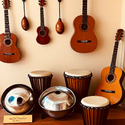 Caribbean Holidays, Caribbean Music Heritage, Historic music instruments including steel pans, hand drums, guitars and maracas displayed in a warm Caribbean cultural centre