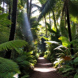 Caribbean Holidays, Caribbean Nature Holidays, A lush Caribbean rainforest with a marked walking trail, tall palms, ferns and shafts of sunlight through the canopy