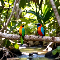 Caribbean Holidays, Caribbean Nature Holidays, Colourful tropical birds perched in a Caribbean forest above a natural stream, with soft green foliage and dappled sunlight