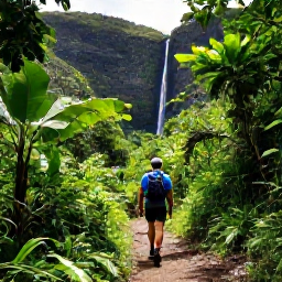 Caribbean Holidays, Caribbean Nature Holidays, Hiker following a shaded trail through tropical vegetation towards a Caribbean waterfall, with rugged green hills in the background