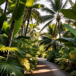 Caribbean Holidays, Caribbean Nature Holidays, Lush Caribbean rainforest with tall palms, broad-leaved plants and a clear walking trail in warm morning light
