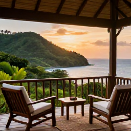 Caribbean Holidays, Caribbean Nature Holidays, Peaceful Caribbean eco-lodge terrace overlooking green hills and the sea at sunset, with natural wood furniture and soft warm light