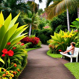 Caribbean Holidays, Caribbean Nature Walks, A calm Caribbean botanical garden with tropical flowers, winding paths, palms and a visitor relaxing on a bench