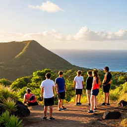 Caribbean Holidays, Caribbean Nature Walks, A friendly Caribbean walking group resting at a viewpoint above lush hills and blue sea in warm afternoon light