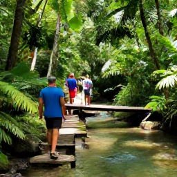 Caribbean Holidays, Caribbean Nature Walks, A guided group crossing a shaded rainforest trail beside a clear Caribbean stream, with native plants and a small wooden bridge