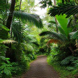 Caribbean Holidays, Caribbean Nature Walks, A peaceful Caribbean rainforest trail with lush green foliage, soft morning light and a clear walking path