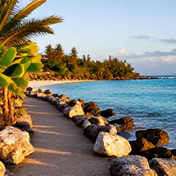 Caribbean Holidays, Caribbean Nature Walks, A quiet Caribbean coastal nature trail overlooking turquoise water, rocky shore and low tropical vegetation at golden morning light