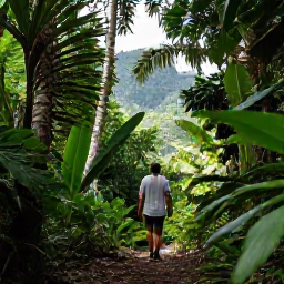 Caribbean Holidays, Caribbean Nature Walks, A traveller walking along a lush Caribbean rainforest trail with tropical foliage, filtered sunlight and distant mountain views