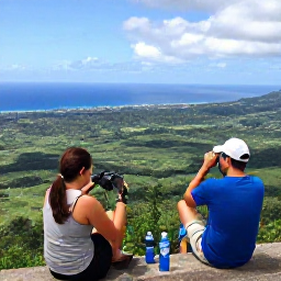 Caribbean Holidays, Caribbean Nature Walks, Travellers resting at a Caribbean rainforest viewpoint above green valleys and blue sea, with binoculars and water bottles