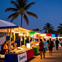 Caribbean Holidays, Caribbean Night Markets, Bustling Caribbean night market at dusk, colourful stalls, warm string lights, palm trees and visitors browsing local food and crafts