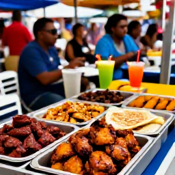 Caribbean Holidays, Caribbean Night Markets, Caribbean night market food stalls serving jerk chicken, grilled seafood, roti, fried plantain and tropical drinks, with diners seated outdoors
