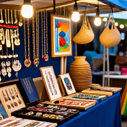 Caribbean Holidays, Caribbean Night Markets, Close view of Caribbean market stalls selling handmade jewellery, woven baskets, colourful artwork and locally made souvenirs under evening lights