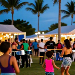 Caribbean Holidays, Caribbean Night Markets, Outdoor Caribbean night market with live steel pan and reggae music, families and holidaymakers dancing beneath palm trees