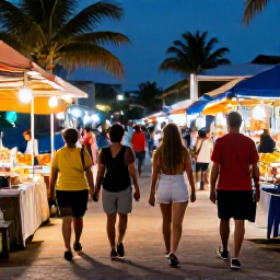 Caribbean Holidays, Caribbean Night Markets, Visitors strolling safely through a well-lit Caribbean night market near the coast, relaxed atmosphere, practical travel scene
