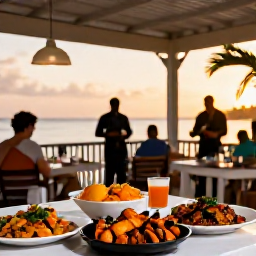 Caribbean Holidays, Caribbean October, Caribbean restaurant terrace at sunset with grilled seafood, colourful local dishes, musicians and warm evening atmosphere