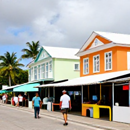 Caribbean Holidays, Caribbean October, Colourful Caribbean waterfront town with local market stalls, pastel buildings, palm trees and travellers exploring in October