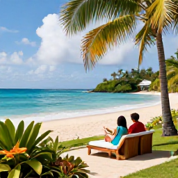 Caribbean Holidays, Caribbean October, Comfortable Caribbean resort overlooking a sandy bay, with a couple enjoying a peaceful October holiday and tropical gardens