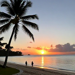 Caribbean Holidays, Caribbean October Holidays, A colourful Caribbean sunset viewed from a quiet beach, with palm silhouettes, calm water and a couple walking along the shoreline