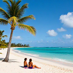 Caribbean Holidays, Caribbean October Holidays, A relaxed Caribbean beach in October with turquoise water, white sand, palm trees and a couple enjoying the sunshine