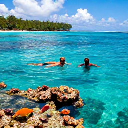 Caribbean Holidays, Caribbean October Holidays, Visitors snorkelling in clear Caribbean water near a colourful reef, with bright fish and a tropical island coastline in the background