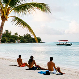 Caribbean Holidays, Caribbean October, Travellers relaxing on a quiet Caribbean beach with calm turquoise water, palm trees, snorkelling gear and warm October light
